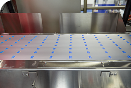 Strips of PharmFilm® on a conveyor belt in a pharmaceutical manufacturing facility